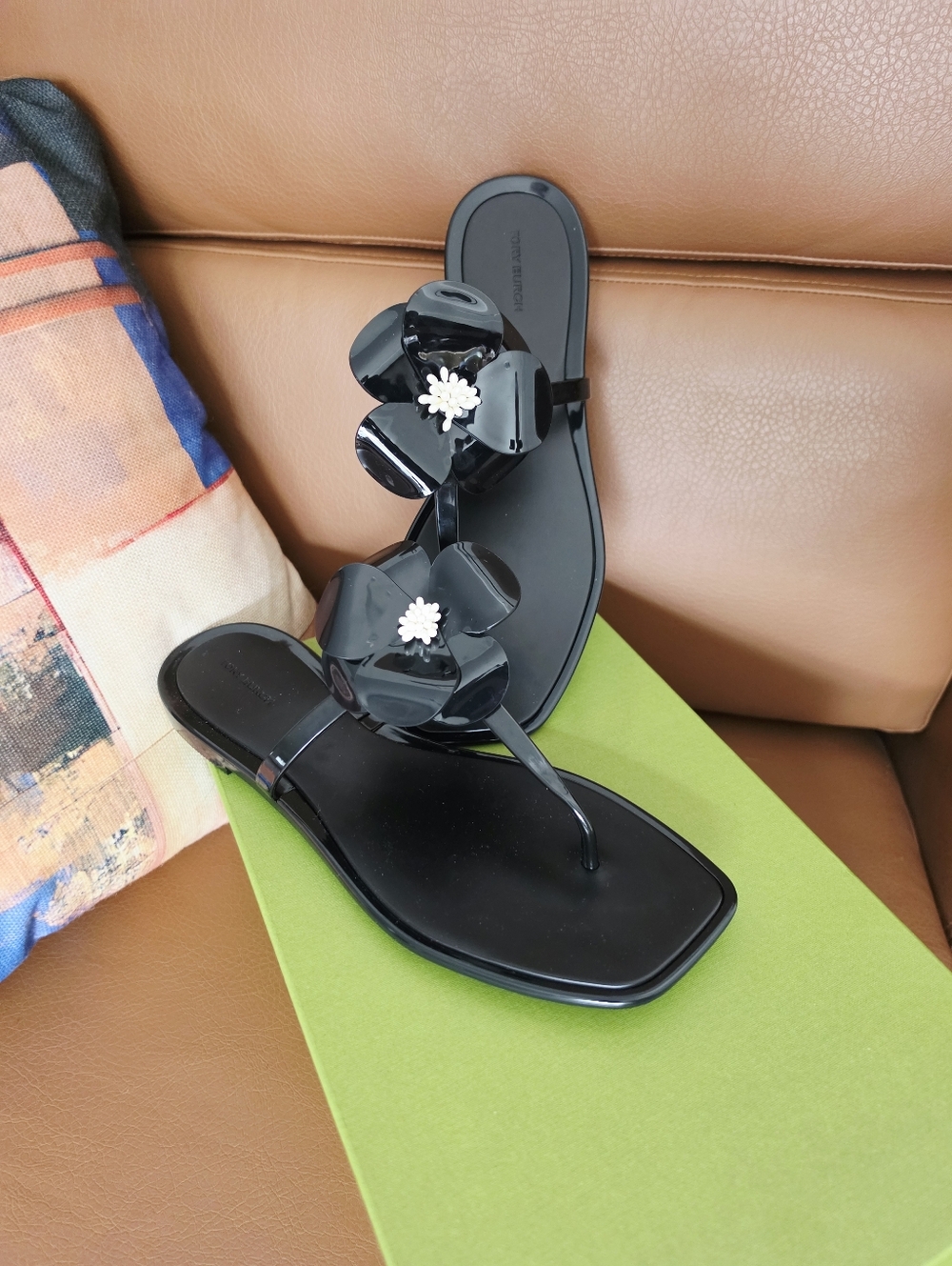 Tory Burch Black Patent Floral Jelly Thong Sandals